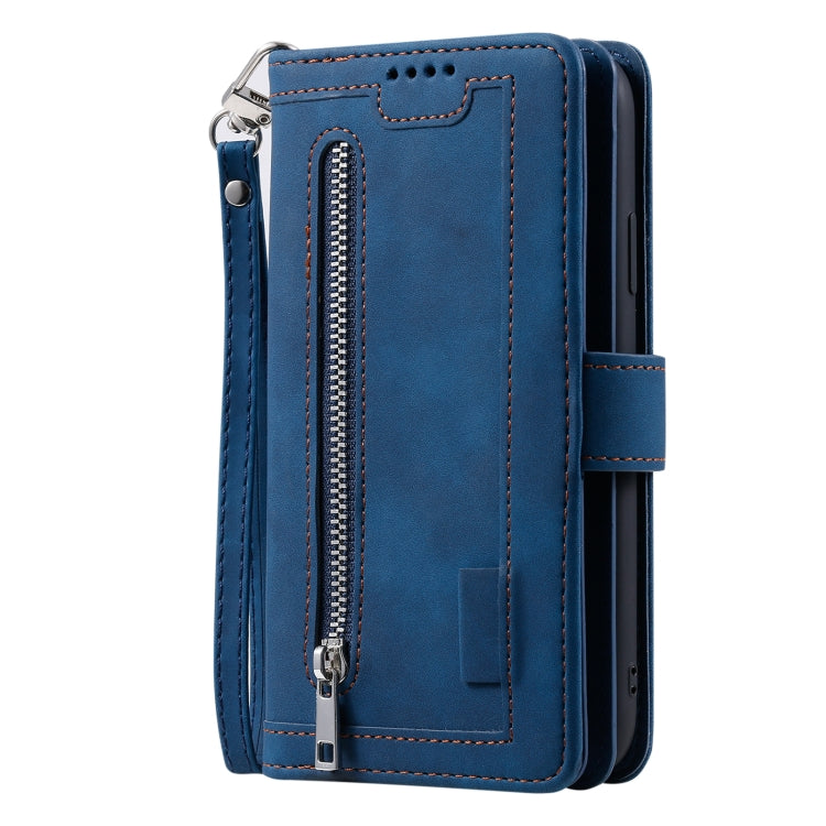 For iPhone 16 Plus Nine Card Zipper Bag Leather Phone Case with Lanyard(Blue) - iPhone 16 Plus Cases by buy2fix | Online Shopping UK | buy2fix