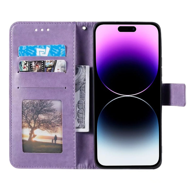 For iPhone 16 Pro Max Totem Flower Embossed Leather Phone Case(Purple) - iPhone 16 Pro Max Cases by buy2fix | Online Shopping UK | buy2fix