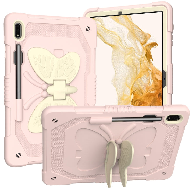 For Samsung Galaxy Tab S9+ Butterfly Kickstand Heavy Duty Hard Rugged Tablet Case(Beige+Rose Pink) - Galaxy Tab S9+ Cases by buy2fix | Online Shopping UK | buy2fix