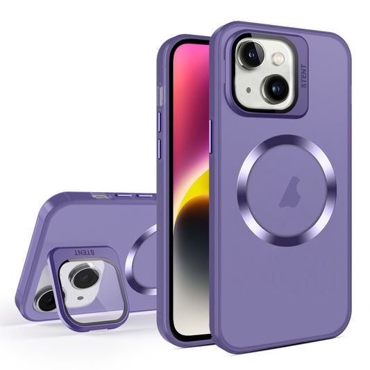 For iPhone 14 Skin Feel CD Texture MagSafe Lens Holder Phone Case(Dark Purple) - iPhone 14 Cases by buy2fix | Online Shopping UK | buy2fix