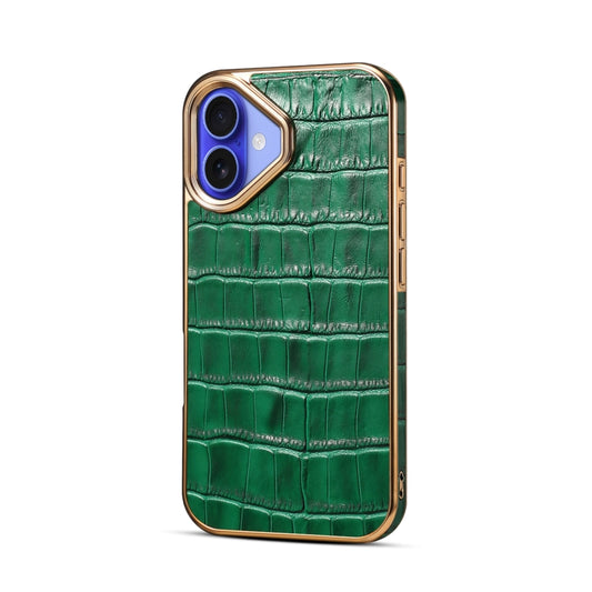 For iPhone 16 Plus Denior Crocodile Texture Genuine Leather Electroplating Phone Case(Green) - More iPhone Cases by Denior | Online Shopping UK | buy2fix