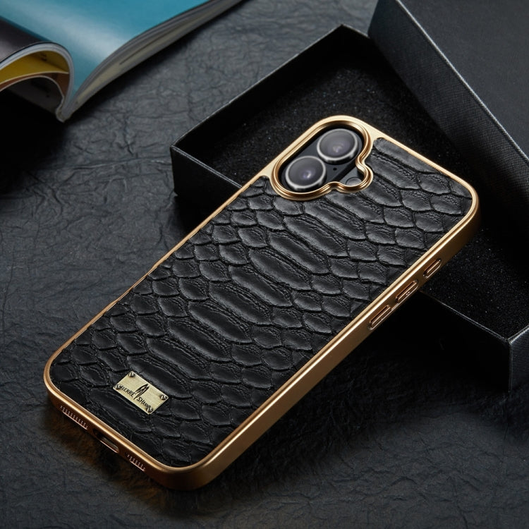 For iPhone 16 Plus Fierre Shann Python Texture Electroplating PU Phone Case(Black) - iPhone 16 Plus Cases by FIERRE SHANN | Online Shopping UK | buy2fix