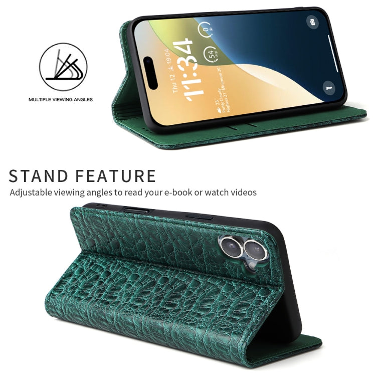 For iPhone 16 Plus Fierre Shann Crocodile Texture Magnetic Genuine Leather Phone Case(Green) - iPhone 16 Plus Cases by FIERRE SHANN | Online Shopping UK | buy2fix