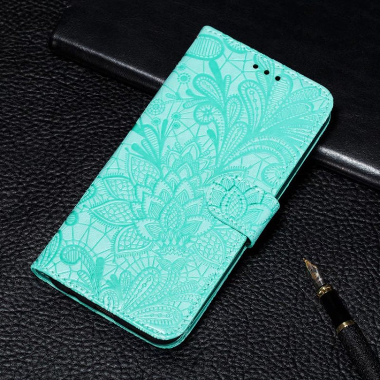 For iPhone 16 Lace Flower Embossing Flip Leather Phone Case(Green) - iPhone 16 Cases by buy2fix | Online Shopping UK | buy2fix