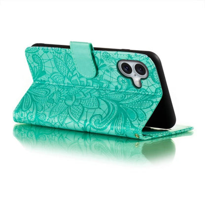 For iPhone 16 Plus Lace Flower Embossing Flip Leather Phone Case(Green) - iPhone 16 Plus Cases by buy2fix | Online Shopping UK | buy2fix