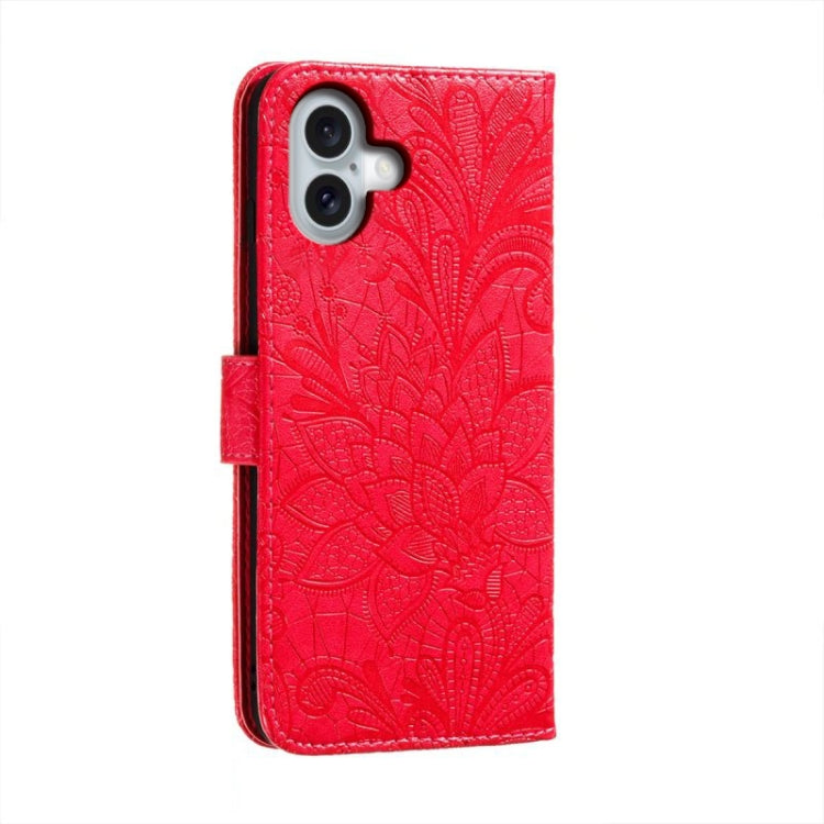 For iPhone 16 Plus Lace Flower Embossing Flip Leather Phone Case(Red) - iPhone 16 Plus Cases by buy2fix | Online Shopping UK | buy2fix