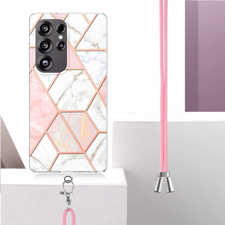 For Samsung Galaxy S25 Ultra 5G Electroplating IMD Splicing Dual-side Marble TPU Phone Case with Lanyard(Pink White) - Galaxy S25 Ultra 5G Cases by buy2fix | Online Shopping UK | buy2fix