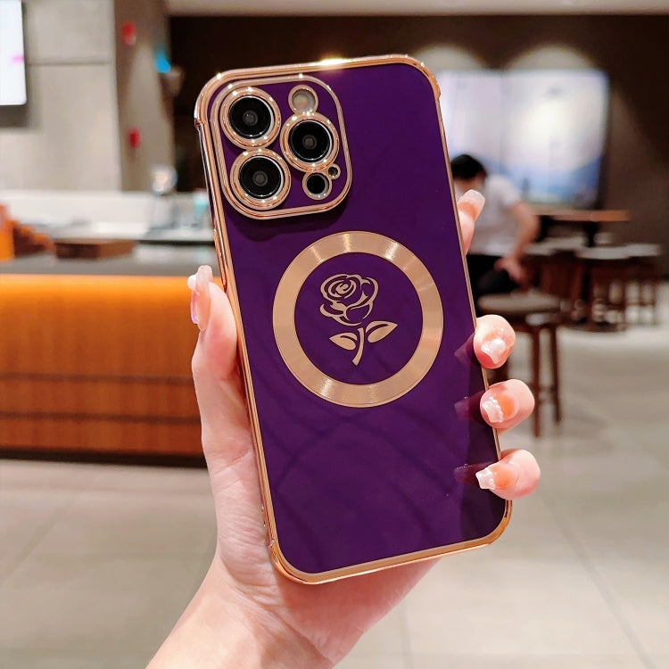 For iPhone 13 Pro Max Electroplate Side Roses Flower MagSafe Phone Case(Dark Purple) - iPhone 13 Pro Max Cases by buy2fix | Online Shopping UK | buy2fix