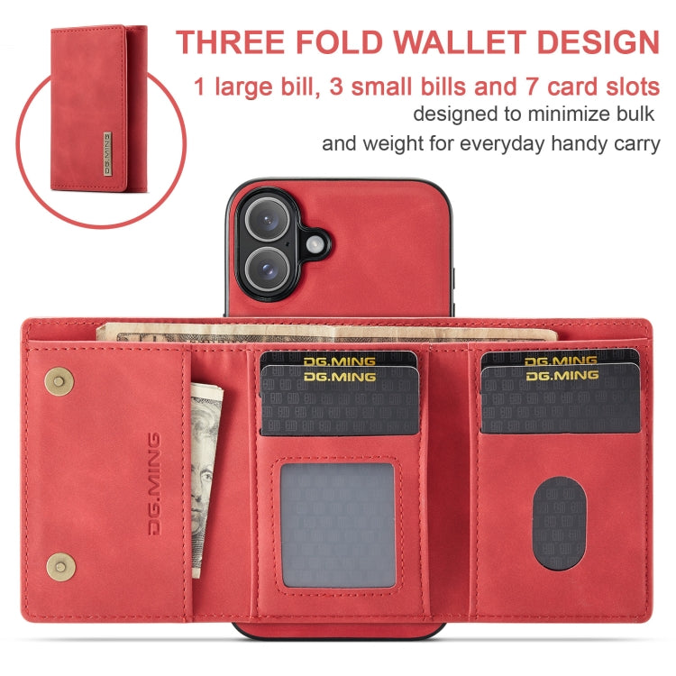 For iPhone 16 DG.MING M1 Series 3-Fold Multi Card Wallet Leather Phone Case(Red) - iPhone 16 Cases by DG.MING | Online Shopping UK | buy2fix