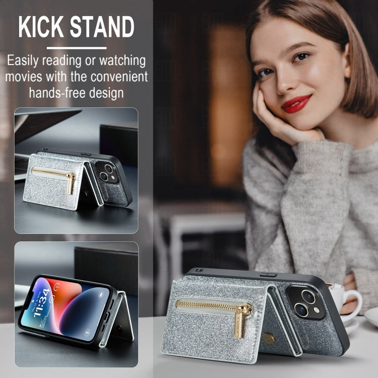 For iPhone 15 Plus DG.MING M3 Series Glitter Powder Card Bag Leather Phone Case(Silver) - iPhone 15 Plus Cases by DG.MING | Online Shopping UK | buy2fix