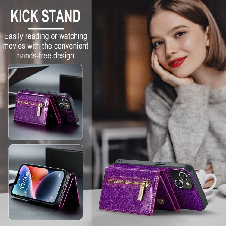 For iPhone 15 Plus DG.MING M3 Series Glitter Powder Card Bag Leather Phone Case(Dark Purple) - iPhone 15 Plus Cases by DG.MING | Online Shopping UK | buy2fix