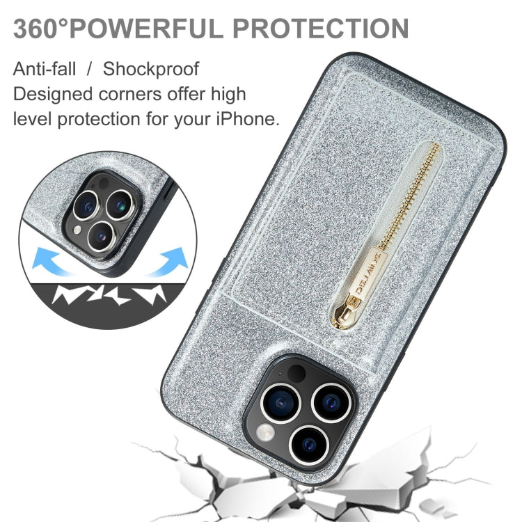 For iPhone 15 Pro DG.MING M3 Series Glitter Powder Card Bag Leather Phone Case(Silver) - iPhone 15 Pro Cases by DG.MING | Online Shopping UK | buy2fix