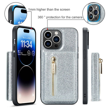 For iPhone 15 Pro DG.MING M3 Series Glitter Powder Card Bag Leather Phone Case(Silver) - iPhone 15 Pro Cases by DG.MING | Online Shopping UK | buy2fix