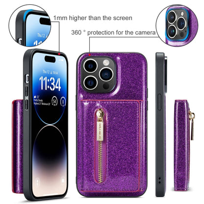 For iPhone 15 Pro DG.MING M3 Series Glitter Powder Card Bag Leather Phone Case(Dark Purple) - iPhone 15 Pro Cases by DG.MING | Online Shopping UK | buy2fix