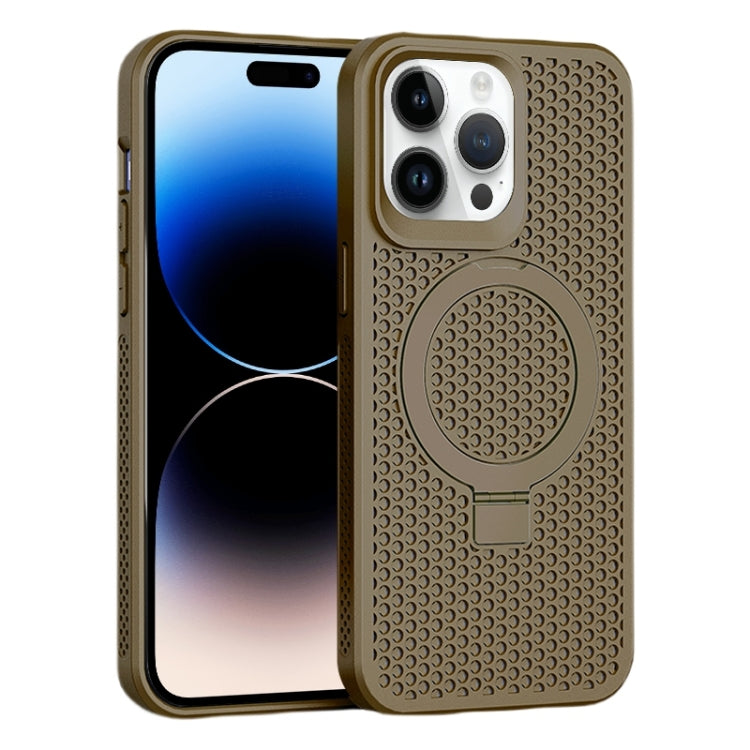 For iPhone 15 Pro Skin Feel PC+TPU Cooling Magnetic Magsafe Phone Case with Stand(Brown) - iPhone 15 Pro Cases by buy2fix | Online Shopping UK | buy2fix