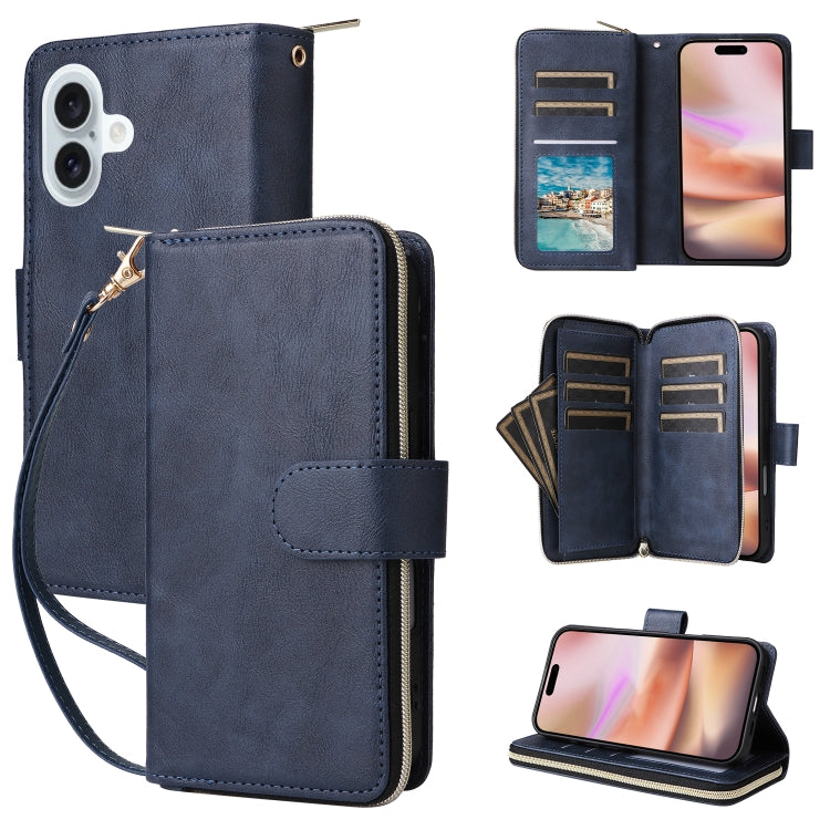 For iPhone 16 Plus 9 Card Slots Zipper Wallet Bag Leather Phone Case(Blue) - iPhone 16 Plus Cases by buy2fix | Online Shopping UK | buy2fix