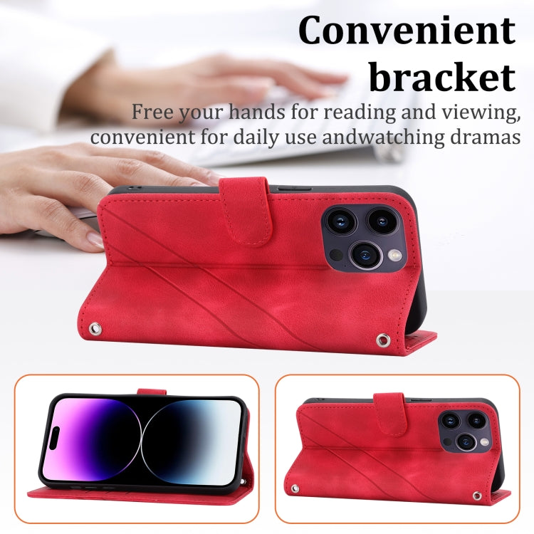 For iPhone 16 Pro Embossed Line Leather Phone Case with Lanyard(Red) - iPhone 16 Pro Cases by buy2fix | Online Shopping UK | buy2fix