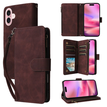 For iPhone 16 Crossbody Multi-card Slot Wallet Zipper Leather Phone Case(Coffee) - iPhone 16 Cases by buy2fix | Online Shopping UK | buy2fix