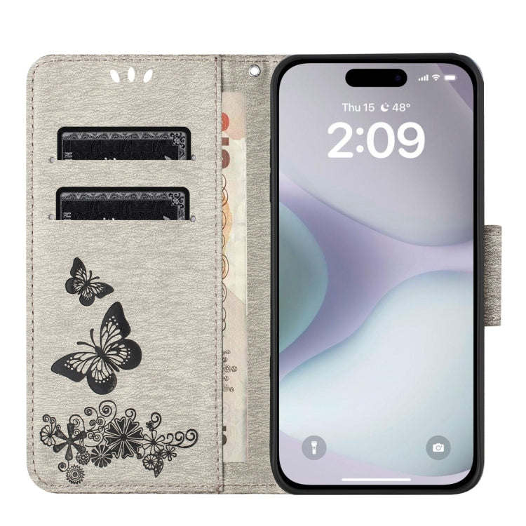 For iPhone 16 Plus Butterfly Embossed Flip Leather Phone Case(Grey) - iPhone 16 Plus Cases by buy2fix | Online Shopping UK | buy2fix