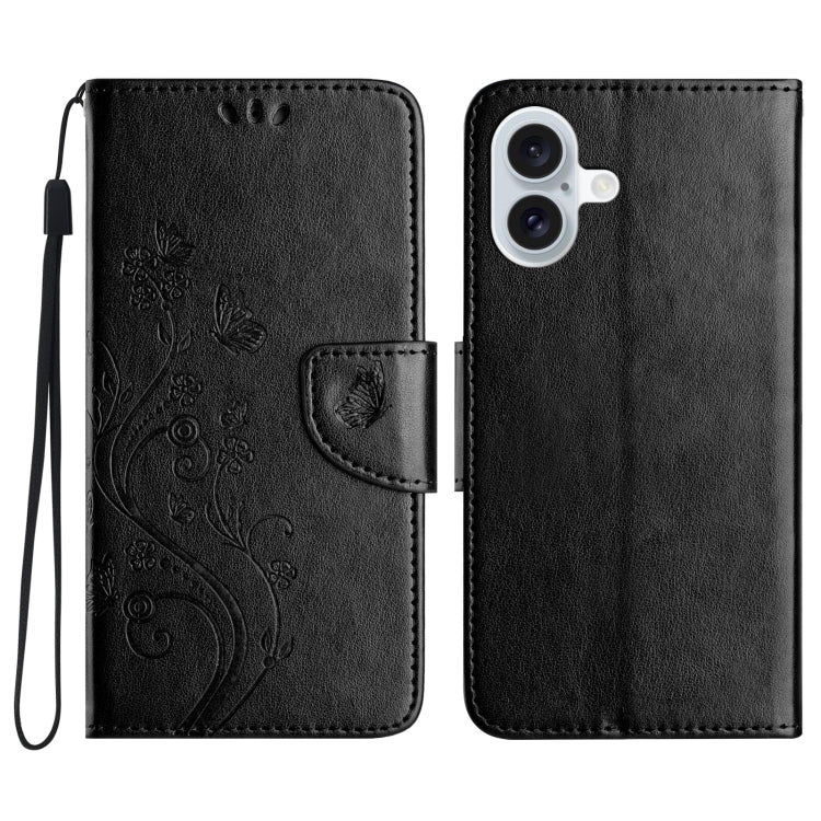 For iPhone 16 Butterfly Flower Pattern Flip Leather Phone Case(Black) - iPhone 16 Cases by buy2fix | Online Shopping UK | buy2fix