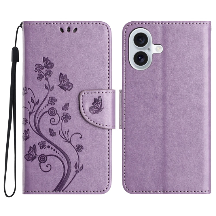 For iPhone 16 Butterfly Flower Pattern Flip Leather Phone Case(Light Purple) - iPhone 16 Cases by buy2fix | Online Shopping UK | buy2fix