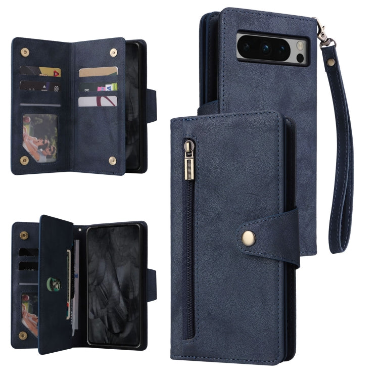 For Google Pixel 8 Pro Rivet Buckle 9 Cards Three Fold Leather Phone Case(Blue) - Google Cases by buy2fix | Online Shopping UK | buy2fix