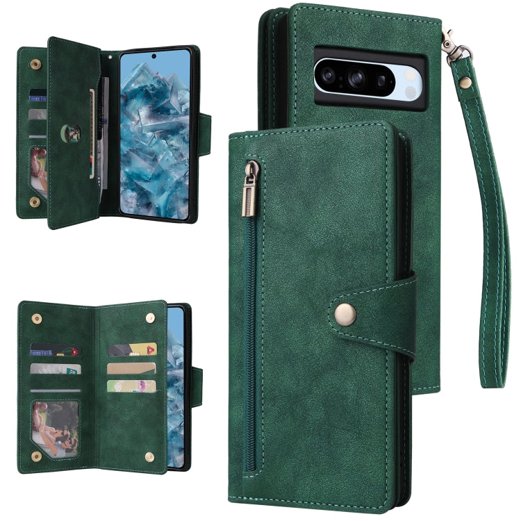 For Google Pixel 8a Rivet Buckle 9 Cards Three Fold Leather Phone Case(Green) - Google Cases by buy2fix | Online Shopping UK | buy2fix