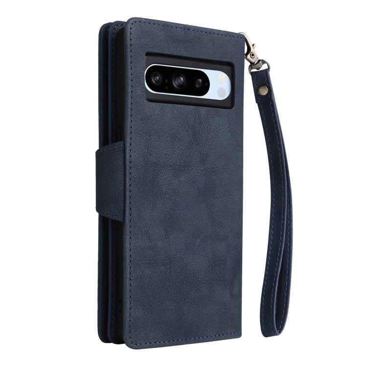 For Google Pixel 8a Rivet Buckle 9 Cards Three Fold Leather Phone Case(Blue) - Google Cases by buy2fix | Online Shopping UK | buy2fix