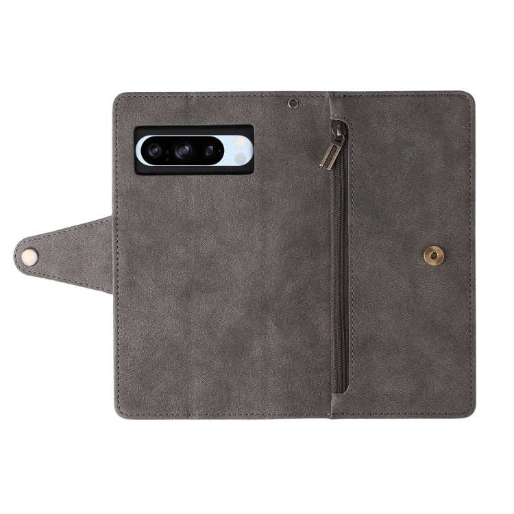 For Google Pixel 8a Rivet Buckle 9 Cards Three Fold Leather Phone Case(Grey) - Google Cases by buy2fix | Online Shopping UK | buy2fix