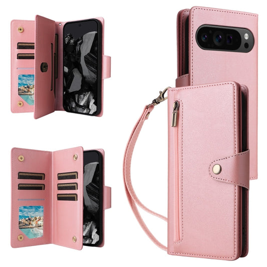 For Google Pixel 9 Pro Rivet Buckle 9 Cards Three Fold Leather Phone Case(Rose Gold) - Google Cases by buy2fix | Online Shopping UK | buy2fix