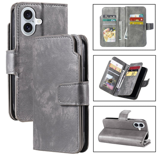 For iPhone 16 Tri-Fold 9-Card Wallets Leather Phone Case(Grey) - iPhone 16 Cases by buy2fix | Online Shopping UK | buy2fix