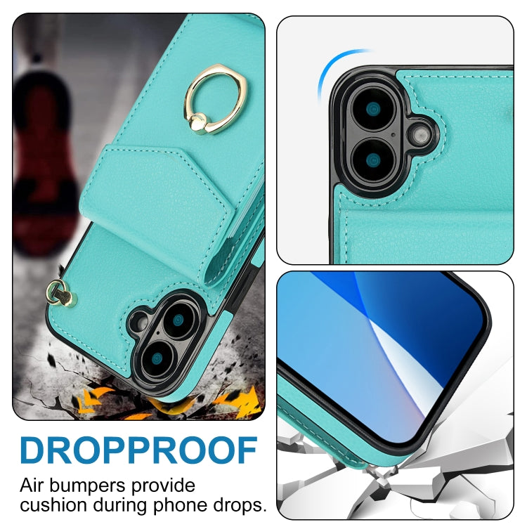 For iPhone 16 Plus Ring Holder RFID Card Slot Phone Case(Mint Green) - iPhone 16 Plus Cases by buy2fix | Online Shopping UK | buy2fix