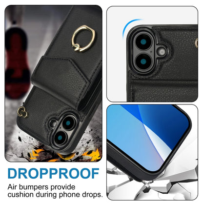 For iPhone 16 Ring Holder RFID Card Slot Phone Case(Black) - iPhone 16 Cases by buy2fix | Online Shopping UK | buy2fix