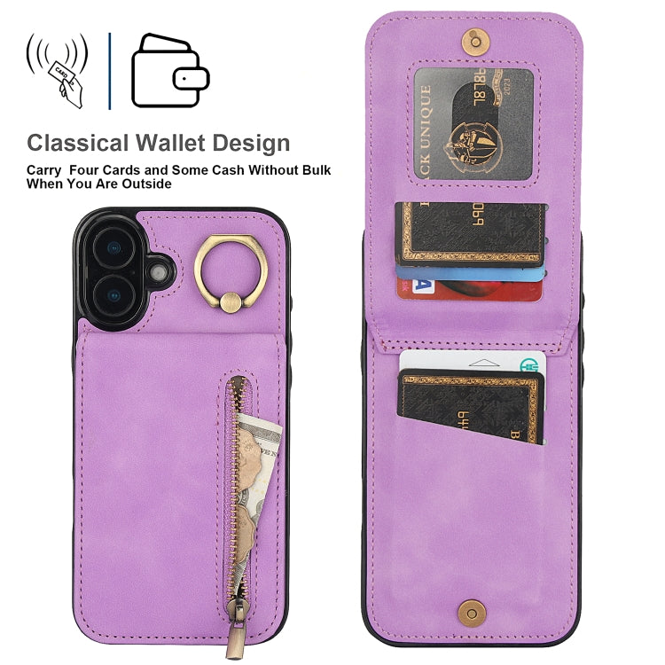 For iPhone 16 Retro Ring and Zipper RFID Card Slot Phone Case(Purple) - iPhone 16 Cases by buy2fix | Online Shopping UK | buy2fix