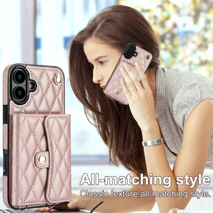 For iPhone 16 Crossbody Rhombic Horizontal Wallet Leather Phone Case(Rose Gold) - iPhone 16 Cases by buy2fix | Online Shopping UK | buy2fix