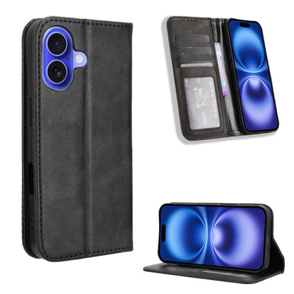 For iPhone 16 Plus Magnetic Buckle Retro Texture Leather Phone Case(Black) - iPhone 16 Plus Cases by buy2fix | Online Shopping UK | buy2fix