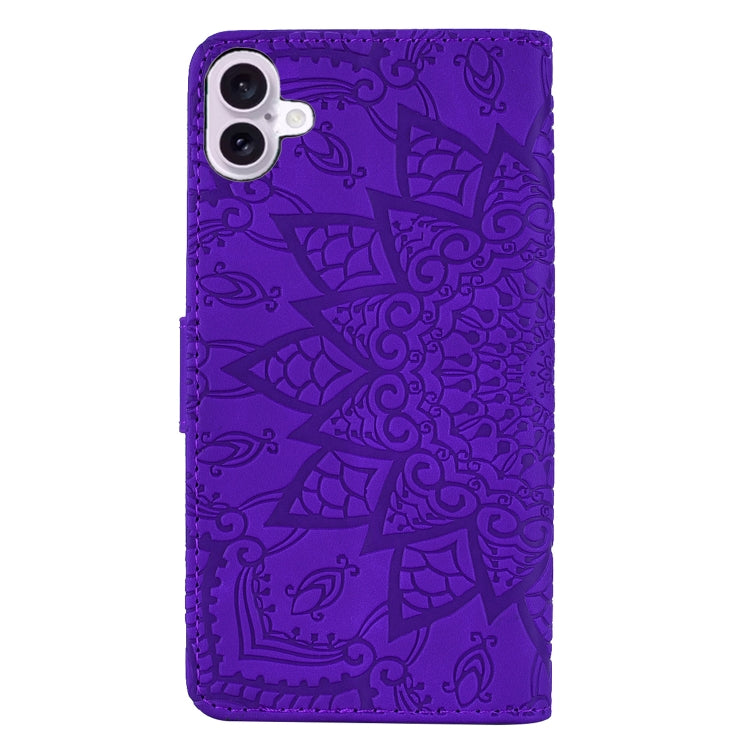 For iPhone 16 Plus Mandala Embossed Dual-Fold Calf Leather Phone Case(Purple) - iPhone 16 Plus Cases by buy2fix | Online Shopping UK | buy2fix