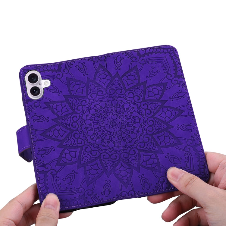 For iPhone 16 Plus Mandala Embossed Dual-Fold Calf Leather Phone Case(Purple) - iPhone 16 Plus Cases by buy2fix | Online Shopping UK | buy2fix