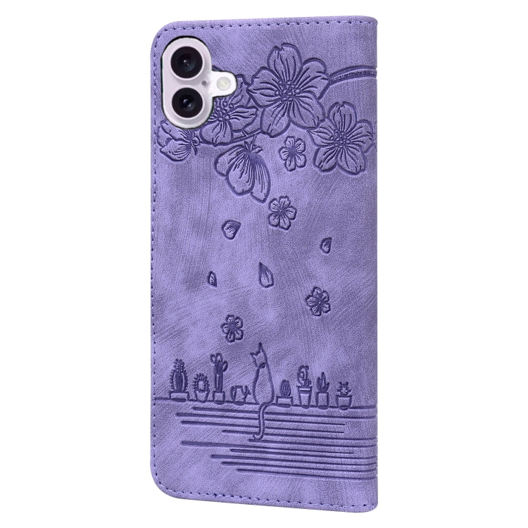 For iPhone 16 Plus Cartoon Sakura Cat Embossed Leather Phone Case(Purple) - iPhone 16 Plus Cases by buy2fix | Online Shopping UK | buy2fix