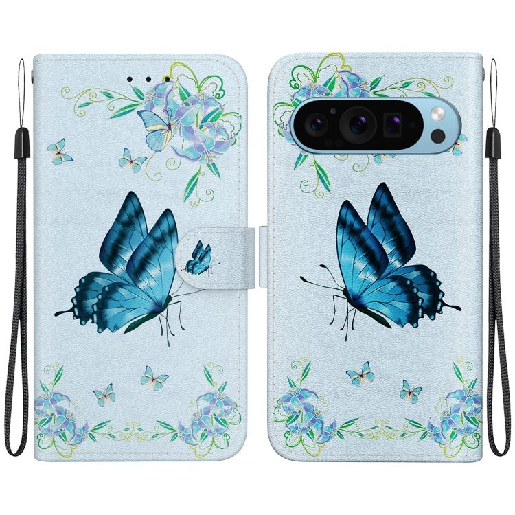 For Google Pixel 9 Pro Crystal Texture Colored Drawing Leather Phone Case(Blue Pansies) - Google Cases by buy2fix | Online Shopping UK | buy2fix