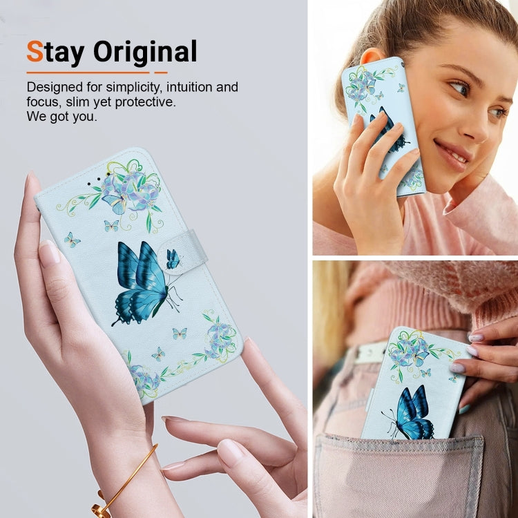 For iPhone 16 Plus Crystal Texture Colored Drawing Leather Phone Case(Blue Pansies) - iPhone 16 Plus Cases by buy2fix | Online Shopping UK | buy2fix