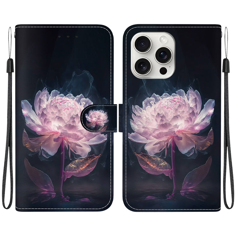 For iPhone 16 Pro Crystal Texture Colored Drawing Leather Phone Case(Purple Peony) - iPhone 16 Pro Cases by buy2fix | Online Shopping UK | buy2fix