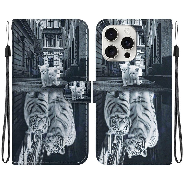 For iPhone 16 Pro Max Crystal Texture Colored Drawing Leather Phone Case(Cat Tiger Reflection) - iPhone 16 Pro Max Cases by buy2fix | Online Shopping UK | buy2fix