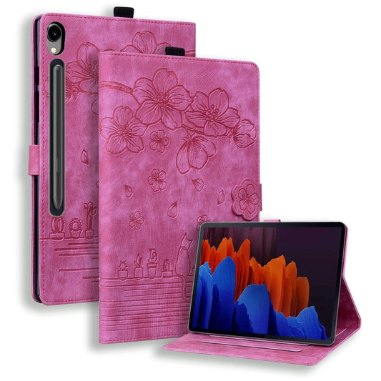 For Samsung Galaxy Tab S9 FE+ Cartoon Sakura Cat Embossed Leather Tablet Case(Rose Red) - Galaxy Tab S9 FE+ by buy2fix | Online Shopping UK | buy2fix