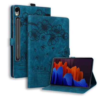 For Samsung Galaxy Tab S9 FE+ Cartoon Sakura Cat Embossed Leather Tablet Case(Blue) - Galaxy Tab S9 FE+ by buy2fix | Online Shopping UK | buy2fix