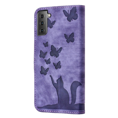 For Samsung Galaxy S22 5G Butterfly Cat Embossing Flip Leather Phone Case(Purple) - Galaxy S22 5G Cases by buy2fix | Online Shopping UK | buy2fix