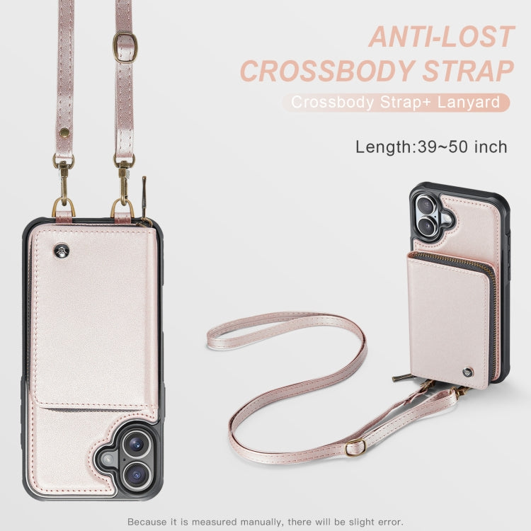 For iPhone 16 Plus JEEHOOD C22 Series Zipper Wallet Leather Phone Case with Dual Lanyard(Rose Gold) - iPhone 16 Plus Cases by JEEHOOD | Online Shopping UK | buy2fix