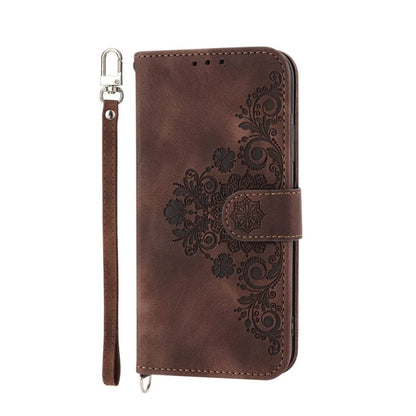 For iPhone SE 2024 Skin-feel Flowers Embossed Wallet Leather Phone Case(Brown) - More iPhone Cases by buy2fix | Online Shopping UK | buy2fix