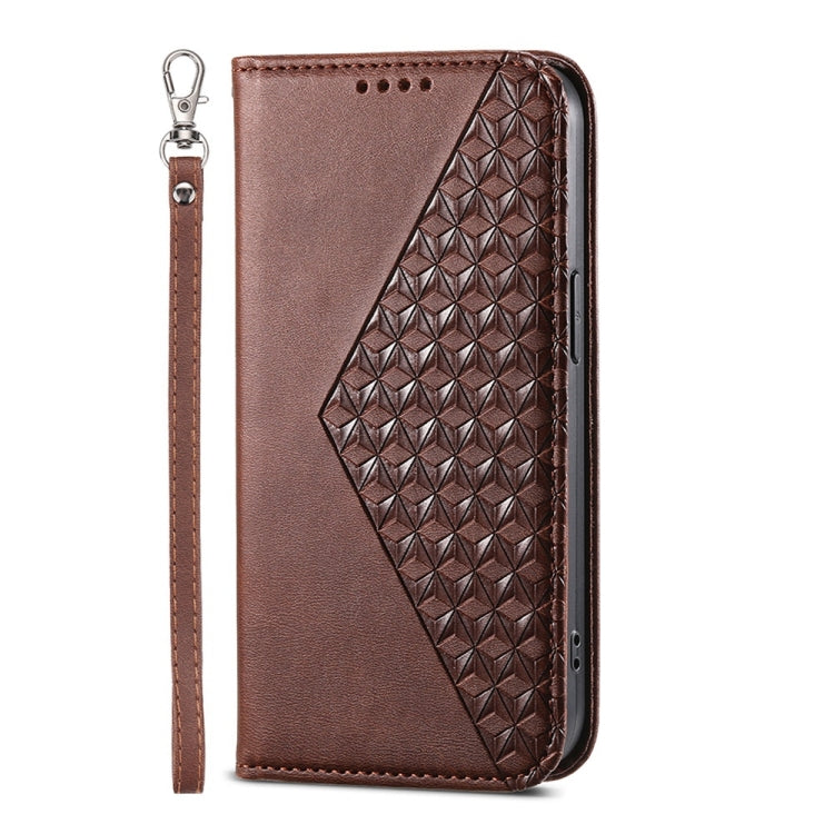 For iPhone 16e Cubic Grid Calf Texture Magnetic Leather Phone Case(Brown) - iPhone 16e Cases by buy2fix | Online Shopping UK | buy2fix