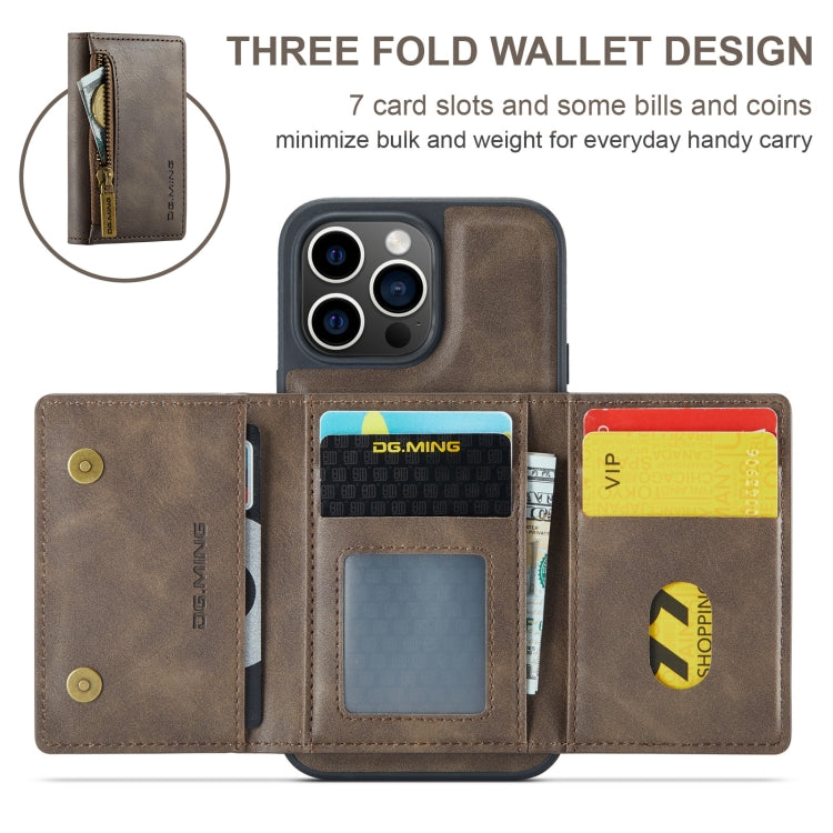 For iPhone 15 Pro Max DG.MING M5 Series Zip RFID Multi Card Detachable Leather Phone Case(Coffee) - iPhone 15 Pro Max Cases by DG.MING | Online Shopping UK | buy2fix